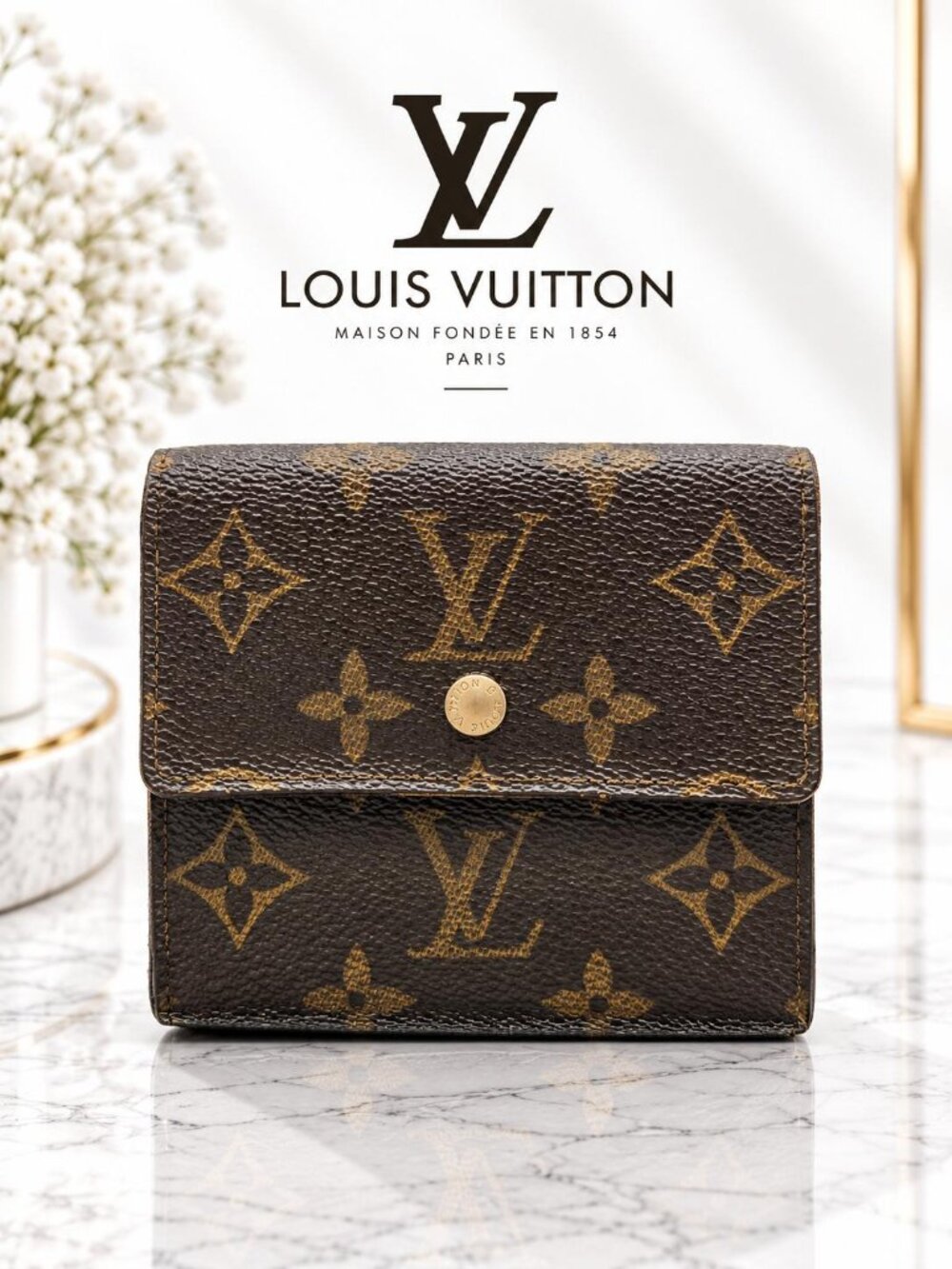 Authentic Louis Vuitton Monogram Canvas Compact Flap Snap Wallet Brown LV